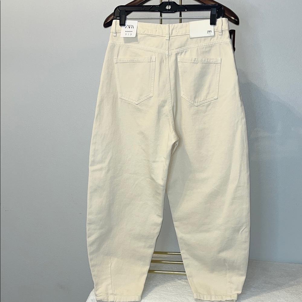 Zara Slouchy Jeans Black Label High Waist Pleated Cream Cropped - Size 6 NWT - Picture 9 of 12